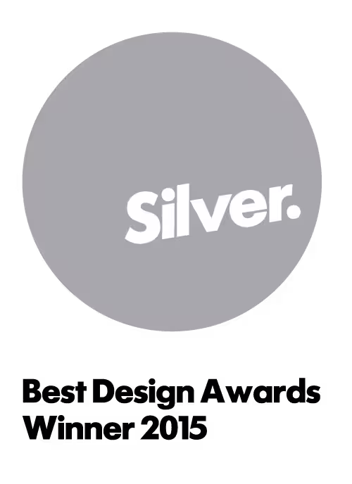 Silver. text on a silver circle with text beneath it: Best Design Awards Winner 2015