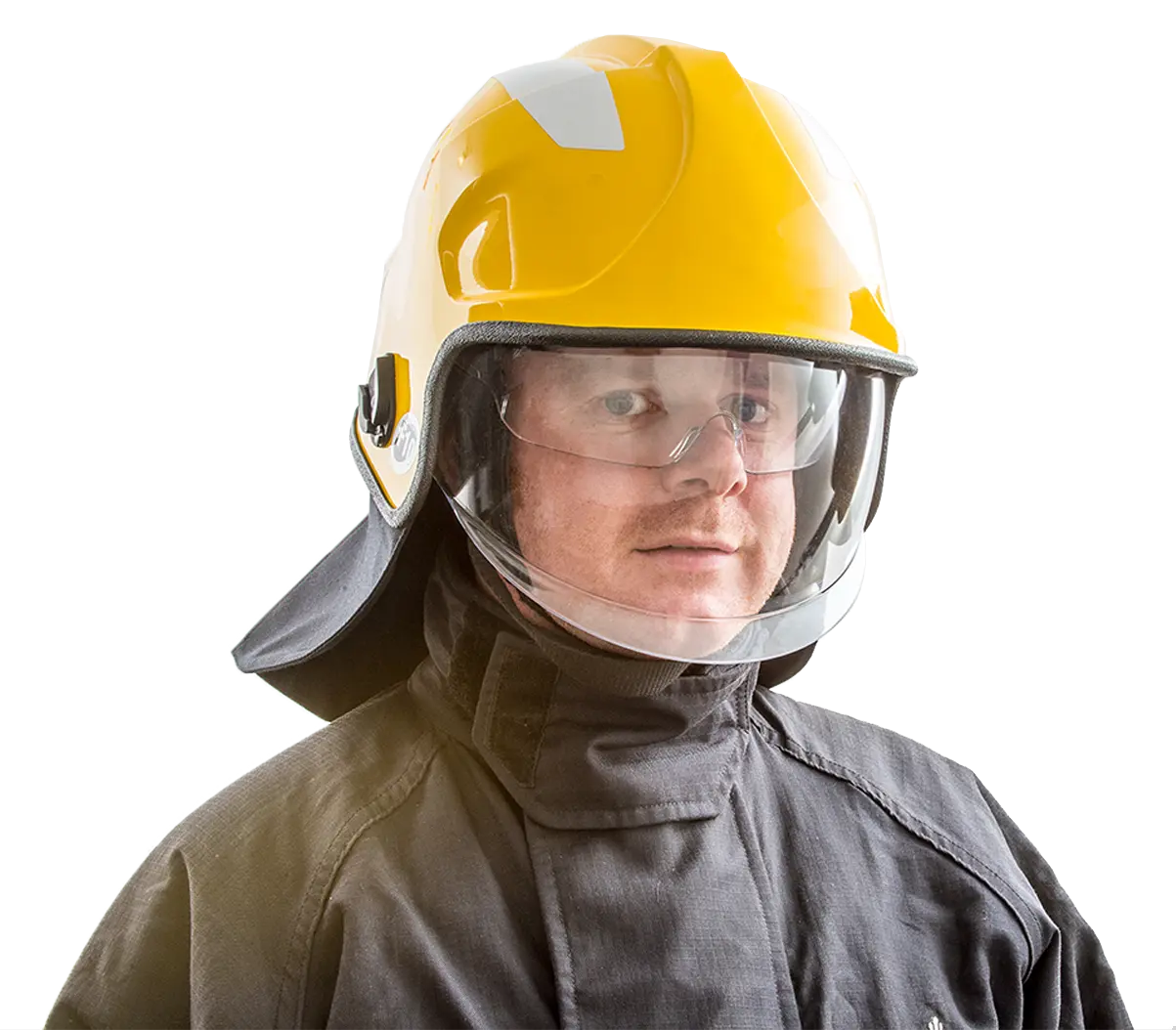 Structural Firefighter wearing F10 MKV helmet from Pacific Helmets - Lakeland Fire + Safety