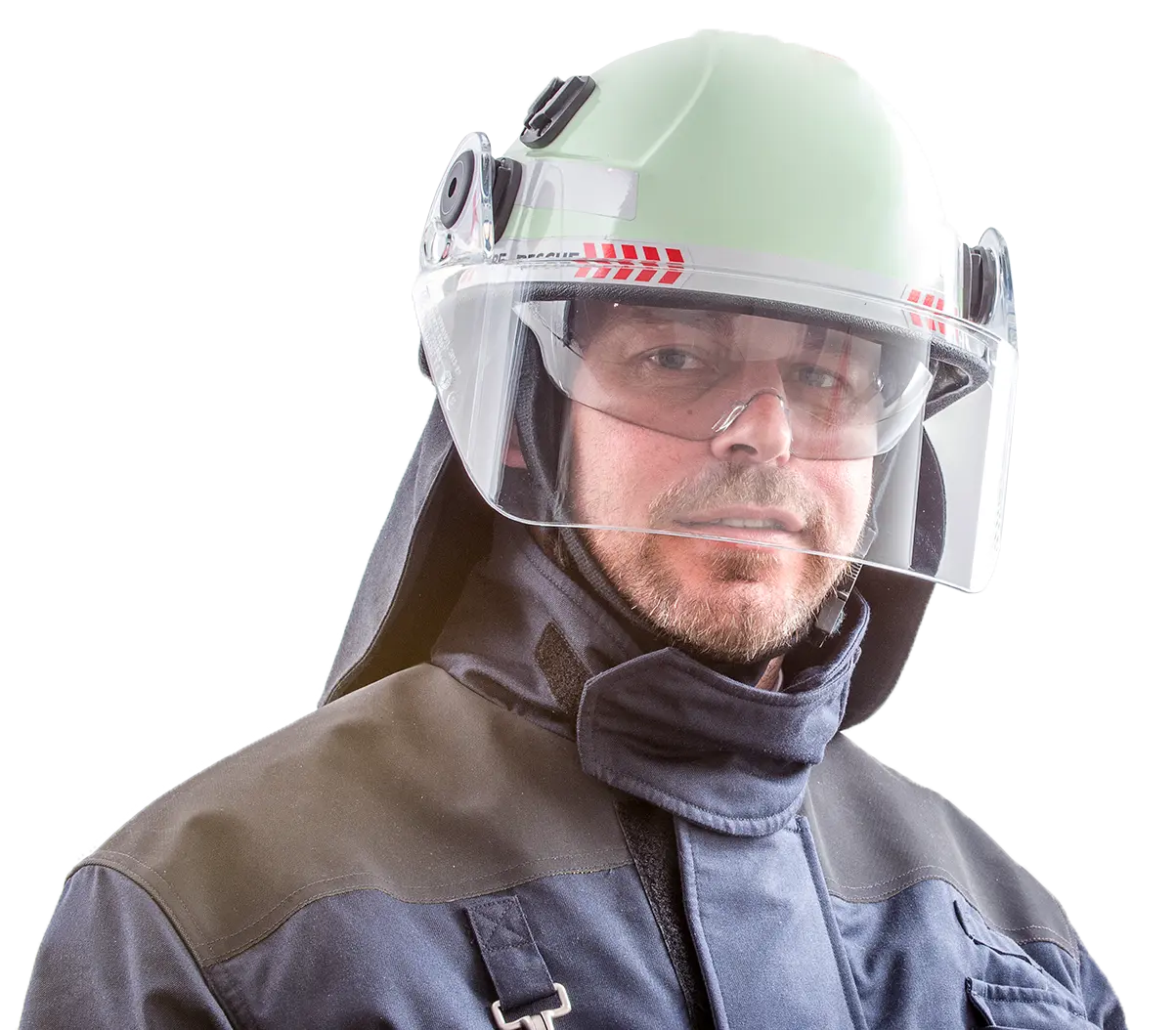 Structural Firefighter wearing F11 helmet from Pacific Helmets - Lakeland Fire + Safety
