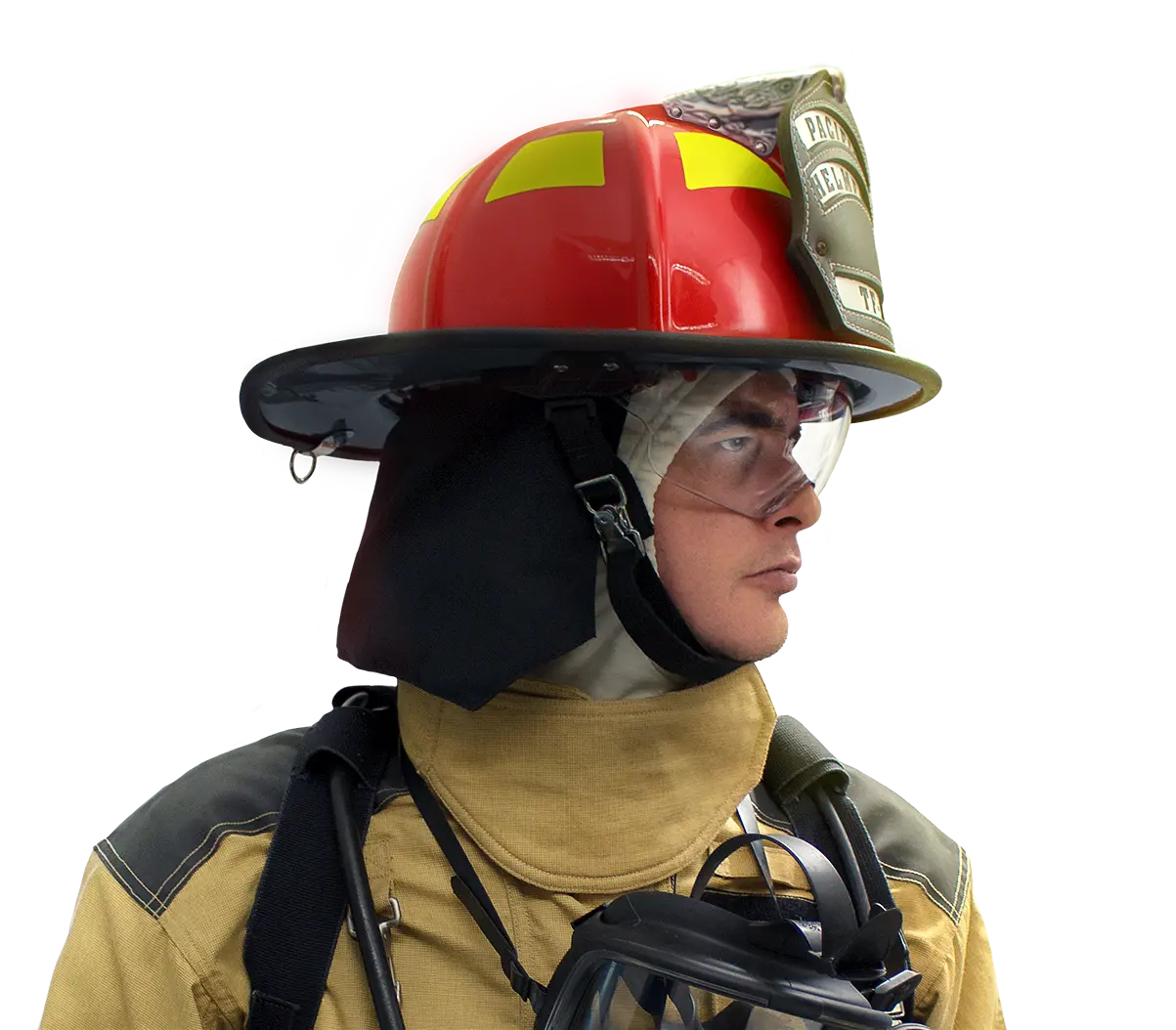Structural Firefighter wearing F18 helmet from Pacific Helmets - Lakeland Fire + Safety