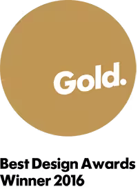 A Gold Circle with the word Gold. in white letters and underneath in black text it says, Best Design Awards Winner 2016
